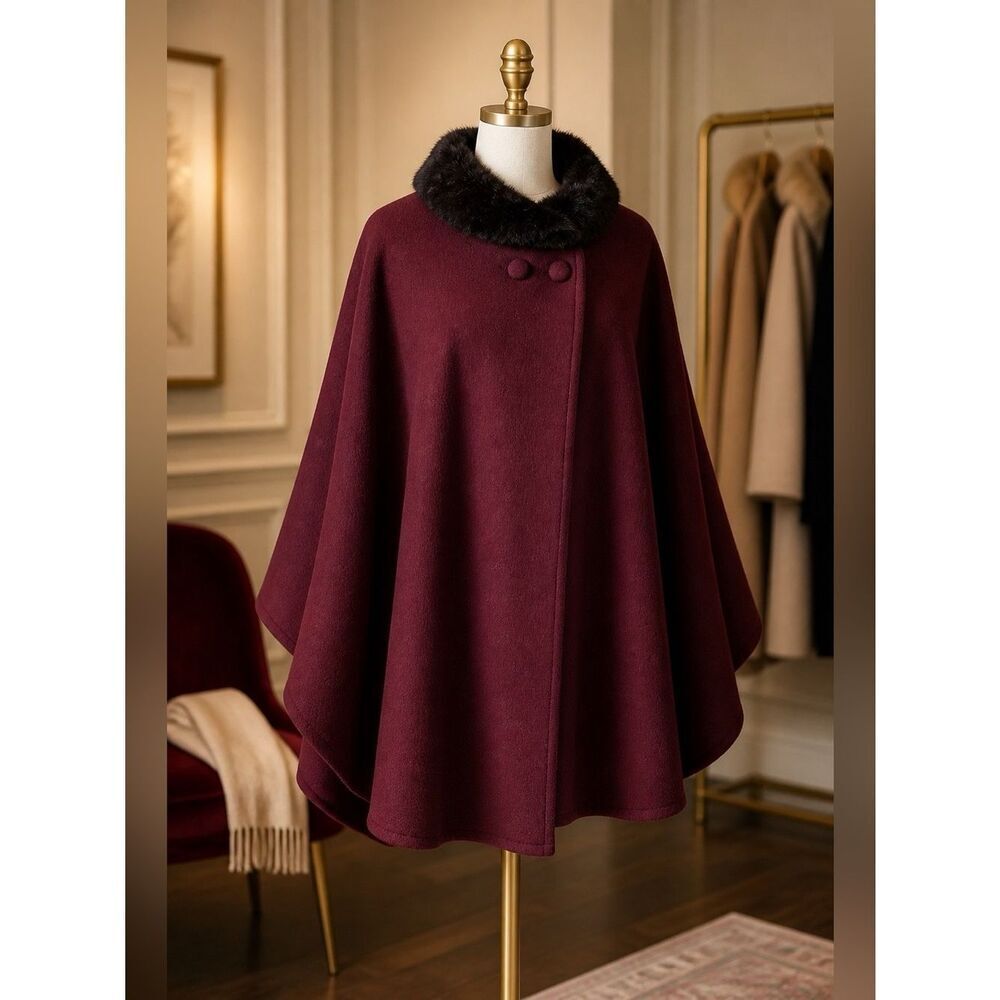 MAROON LIZ CLAIBORNE CAPE WITH BLACK FAUX FUR COLAR OS